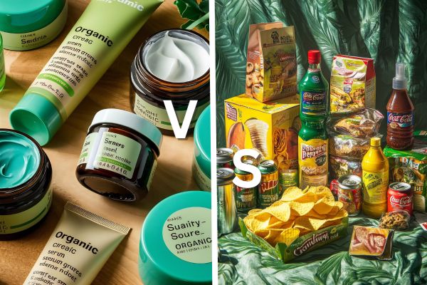Split image showing organic skincare packaging on one side and assorted processed food packaging on the other, highlighting packaging contrast.
