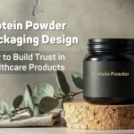 Protein powder black jar mockup placed on a wooden block with leaves, featuring the text “Protein Powder Packaging Design – How to Build Trust in Healthcare Products.”
