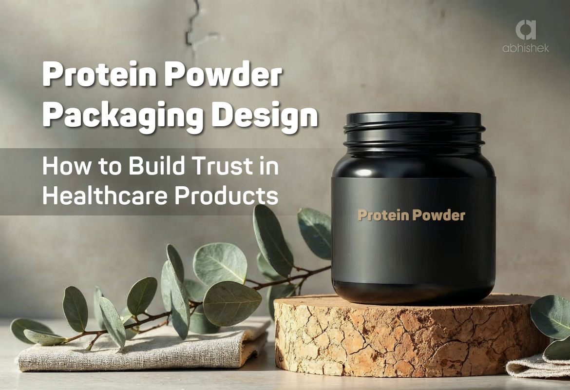 Protein powder black jar mockup placed on a wooden block with leaves, featuring the text “Protein Powder Packaging Design – How to Build Trust in Healthcare Products.”