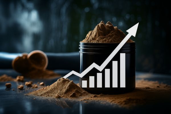 Black protein powder container with powder heap and growth chart overlay, representing market growth and health supplements.