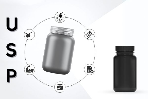 Protein powder bottle mockup with unique selling points icons around it, showing features like nutrition, safety, and ingredients on clean white background.