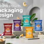 Cashew pouch packaging design showing six colourful flavoured cashew and dry fruit packs in a premium FMCG product display.