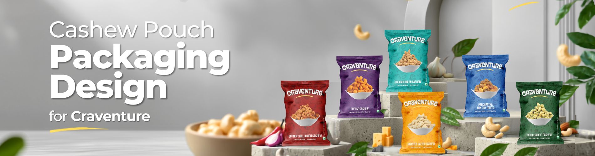 Inner banner showing Cashew Pouch Packaging Design for Craventure with six flavored cashew and dry fruit pouches displayed in a premium product showcase layout.