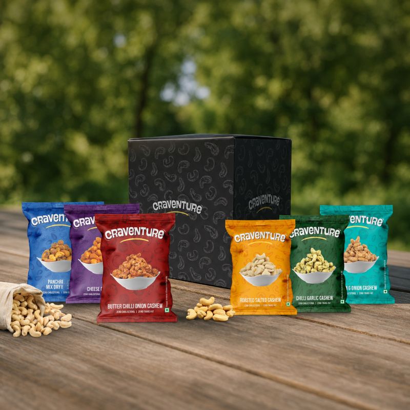 Craventure pouch packaging range showing six cashew and dry fruit product variants with consistent brand design.