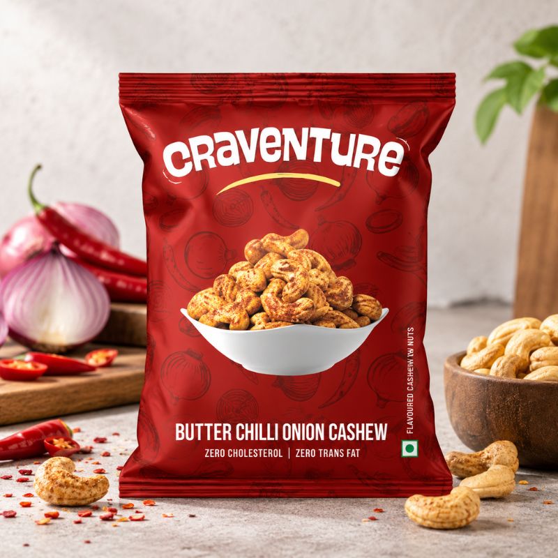 Craventure Butter Chilli Onion Cashew pouch packaging design with red pack, cashews, chilli and onion visual elements, butter chilli onion cashew packaging, cashew pouch packaging design, flavoured cashew packaging, FMCG packaging design, food pouch packaging, snack packaging design, red pouch packaging design, dry fruit packaging design