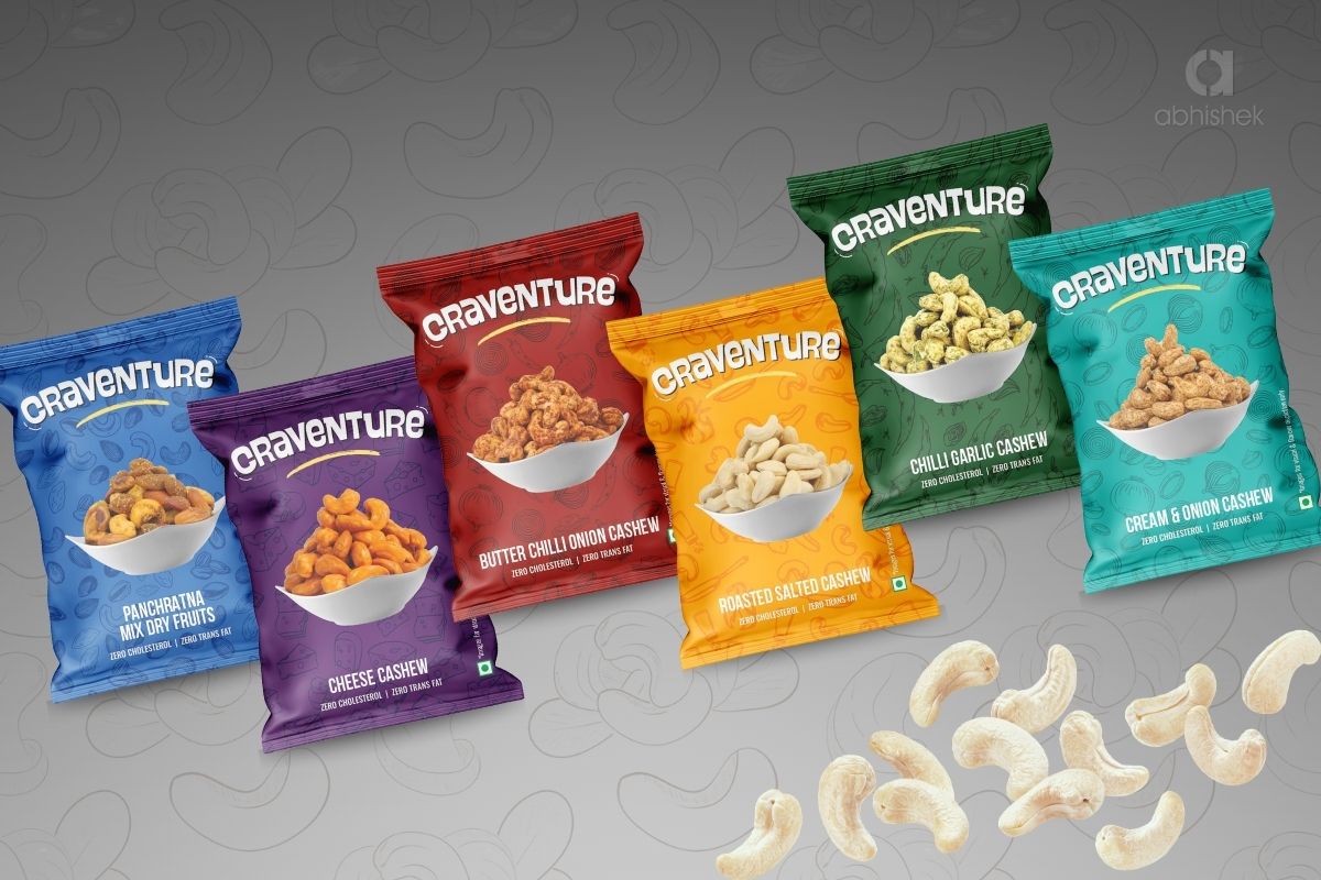 craventure cashew packaging design, cashew pouch packaging design, dry fruit pouch packaging, FMCG packaging design, food pouch packaging design, multi product packaging design, flavoured cashew packaging, flexible pouch packaging design