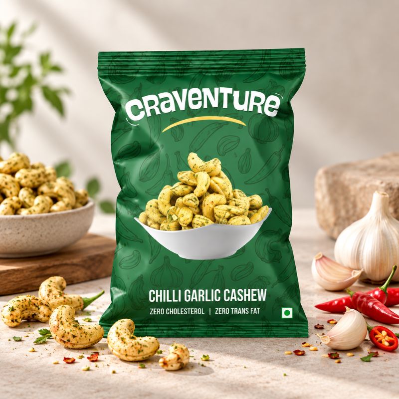 chilli garlic cashew packaging, cashew pouch packaging design, flavoured cashew packaging, FMCG food packaging design, snack pouch design, dry fruit packaging design, green pouch packaging, cashew product packaging design