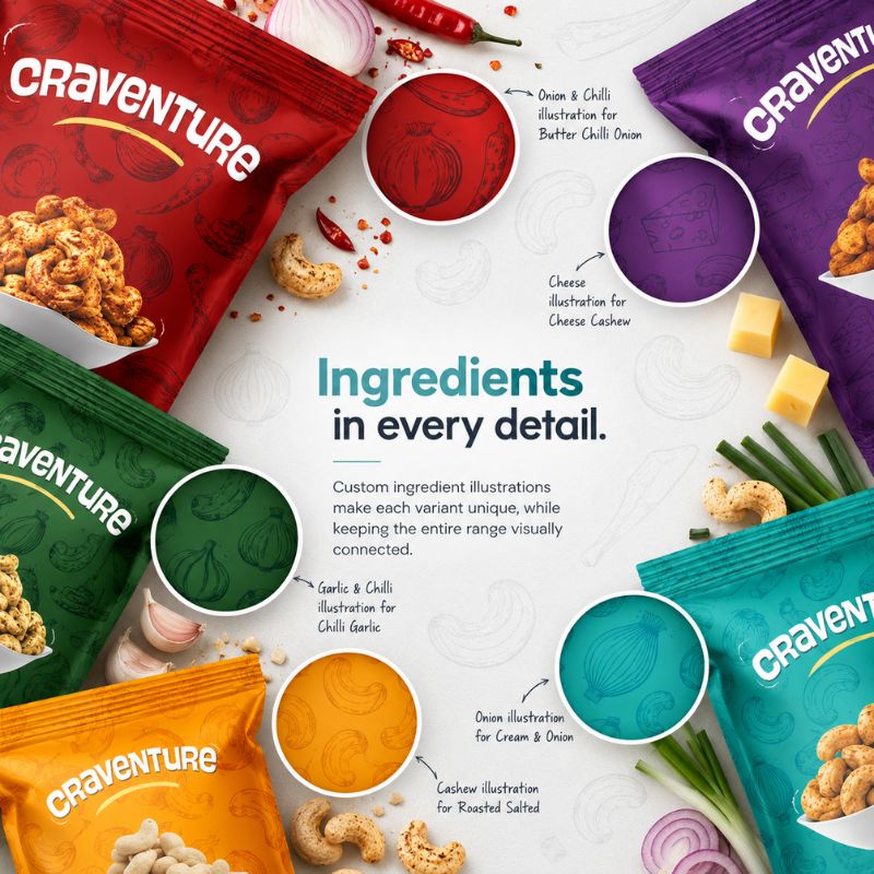cashew packaging design, ingredient pattern packaging, FMCG packaging design, food pouch design, flavoured cashew packaging, packaging illustration design, multi variant packaging, snack pouch packaging design