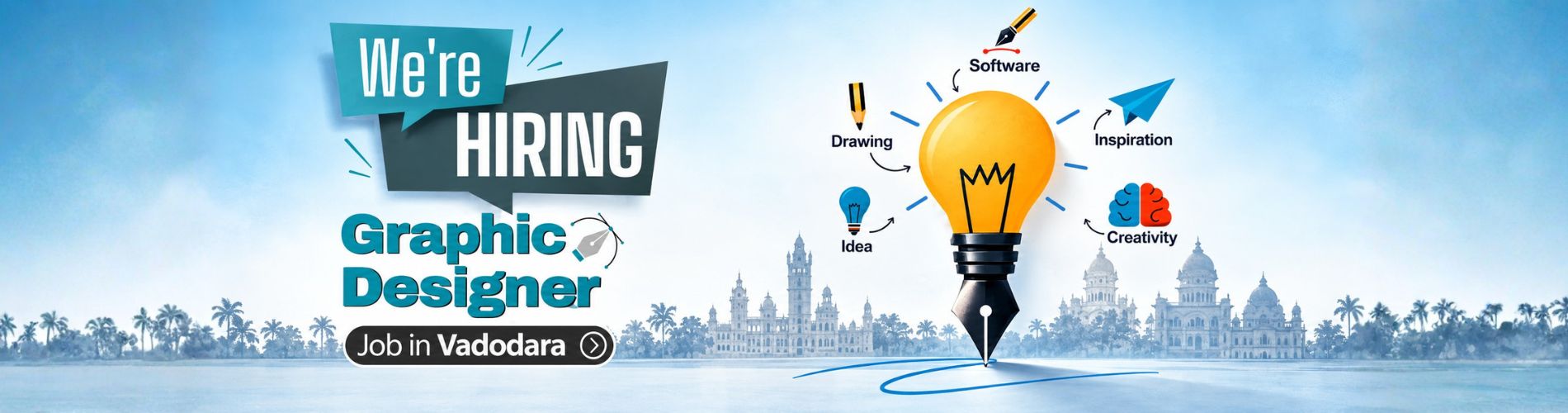 Graphic designer jobs in Vadodara (Baroda) featuring a creative hiring announcement with design tools, ideas and inspiration.